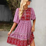 Bohemian Printed V-Neck Mini Dress