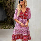 Bohemian Printed V-Neck Mini Dress