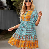 Bohemian Printed V-Neck Mini Dress
