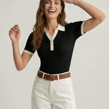 Women's Contrast Collar Knit Polo Top