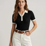Women's Contrast Collar Knit Polo Top