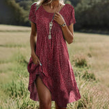 Women's Printed Short-Sleeve V-Neck Midi Dress