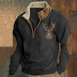 Men's Half-Zip Sweater with Deer Motif and Elbow Patches