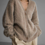 Women's Oversized Fuzzy V-Neck Buttoned Long-Sleeve Cardigan