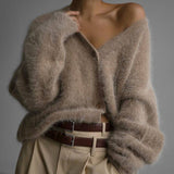 Women's Oversized Fuzzy V-Neck Buttoned Long-Sleeve Cardigan