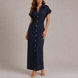 Women's Short-Sleeve Ruched Maxi Shirt Dress