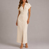 Women's Short-Sleeve Ruched Maxi Shirt Dress