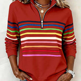 Women's Striped Quarter-Zip Ribbed Knit Pullover