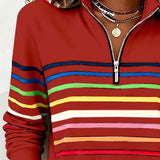 Women's Striped Quarter-Zip Ribbed Knit Pullover