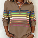 Women's Striped Quarter-Zip Ribbed Knit Pullover