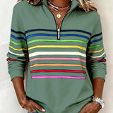 Women's Striped Quarter-Zip Ribbed Knit Pullover