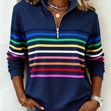 Women's Striped Quarter-Zip Ribbed Knit Pullover