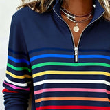 Women's Striped Quarter-Zip Ribbed Knit Pullover