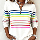 Women's Striped Quarter-Zip Ribbed Knit Pullover