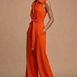 Sleeveless Belted Wide Leg Jumpsuit