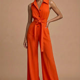 Sleeveless Belted Wide Leg Jumpsuit