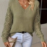 Women's V-Neck Ribbed Knit Crochet Sleeve Sweater