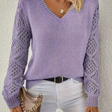 Women's V-Neck Ribbed Knit Crochet Sleeve Sweater