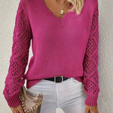 Women's V-Neck Ribbed Knit Crochet Sleeve Sweater