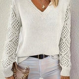 Women's V-Neck Ribbed Knit Crochet Sleeve Sweater