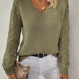 Women's V-Neck Ribbed Knit Crochet Sleeve Sweater