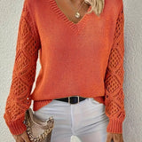 Women's V-Neck Ribbed Knit Crochet Sleeve Sweater