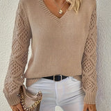 Women's V-Neck Ribbed Knit Crochet Sleeve Sweater