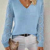 Women's V-Neck Ribbed Knit Crochet Sleeve Sweater