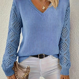 Women's V-Neck Ribbed Knit Crochet Sleeve Sweater