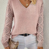 Women's V-Neck Ribbed Knit Crochet Sleeve Sweater