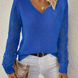Women's V-Neck Ribbed Knit Crochet Sleeve Sweater