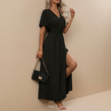 Women's V-Neck Pleated Maxi Dress
