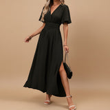 Women's V-Neck Pleated Maxi Dress