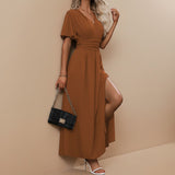 Women's V-Neck Pleated Maxi Dress