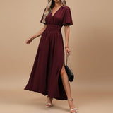 Women's V-Neck Pleated Maxi Dress