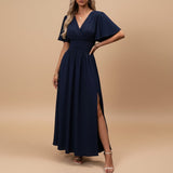 Women's V-Neck Pleated Maxi Dress